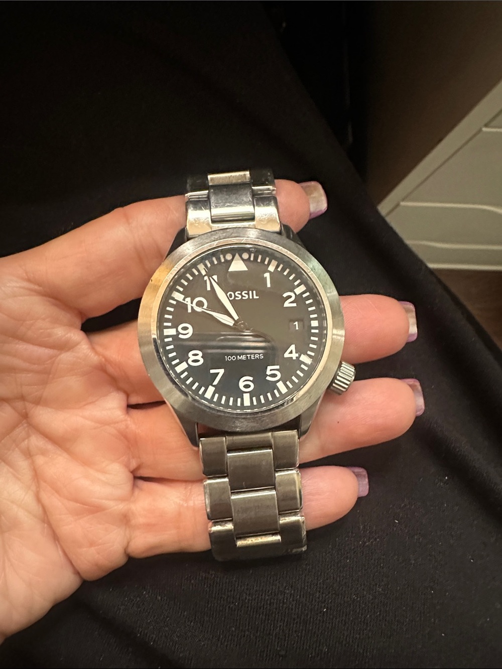 Fossil Men's Silver Stainless Steel Watch with Black Dial